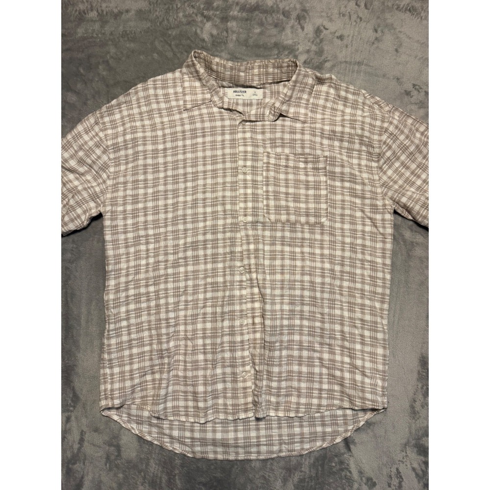 Hollister Button Up Mens M Tan Plaid Baggy Fit Short Sleeve Casual Shirt